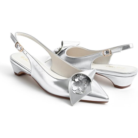 Sicare Slingback Heel Pumps Synthetic Silver Women Flower Block Heel Dress Shoes - Picture 12 of 12